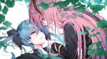  2girls aqua_neckwear black_bow blue_eyes blue_hair blurry blurry_background blurry_foreground bow collared_shirt commentary depth_of_field forehead-to-forehead hair_bow half-closed_eyes hand_on_another&#039;s_shoulder hatsune_miku jacket leaf long_hair looking_at_another lying megurine_luka multiple_girls necktie on_back parted_lips pink_hair shadow shirt smile sweat twintails upper_body vocaloid wanaxtuco white_background yuri 