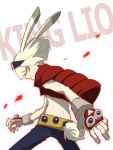  1boy animal_ears blonde_hair c_han25 cosplay fingerless_gloves gloves goggles goggles_on_head green_hair highres king_kazuma king_kazuma_(cosplay) lio_fotia looking_at_viewer male_focus promare rabbit_ears simple_background solo summer_wars vest violet_eyes white_background 