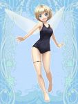 1girl barefoot black_swimsuit blonde_hair blue_background blue_eyes breasts character_request collarbone commentary_request dairoku_youhei fairy fairy_wings looking_at_viewer medium_breasts rohitsuka school_swimsuit short_ponytail smile solo swimsuit thigh_strap wings 