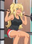  bare_shoulders black_tank_top blonde_hair commentary_request danberu_nan_kiro_moteru? datk_skin green_eyes highres misakam5 sakura_hibiki_(danberu_nan_kiro_moteru?) shorts tan twintails weightlifting 