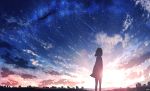  1girl backlighting blurry bokeh building city clouds dark depth_of_field fisheye from_behind hill horizon lens_flare medium_hair night night_sky original scenery silhouette sky skyrick9413 solo star_(sky) sun wind 