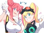  aina_ardebit akuterasu blonde_hair blue_eyes double_bun gas_mask gloves goggles grin hair_swap labcoat lucia_fex multicolored_hair open_mouth pink_hair promare side_ponytail smile two-tone_hair 