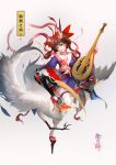  1girl absurdres animal black_hair blue_eyes blush breasts brown_hair chinese collarbone commentary_request fourzhou full_body hair_ornament highres holding instrument long_hair looking_at_viewer mouba_(onmyoji) onmyoji simple_background small_breasts smile solo tagme translated white_background white_legwear wings 