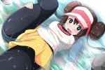  1girl black_legwear blush double_bun green_eyes kayama_kenji mei_(pokemon) open_mouth partially_submerged pokemon pokemon_(game) pokemon_bw2 raglan_sleeves sidelocks skirt solo twintails visor_cap water wet yellow_skirt 