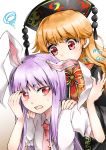  2girls absurdres animal_ears arms_up bangs behind_another biting black_dress blonde_hair commentary_request crescent crescent_moon_pin dress ear_biting eyebrows_visible_through_hair hand_to_forehead hands_on_another&#039;s_shoulders hat highres junko_(touhou) kanonari lavender_hair looking_at_another looking_at_viewer mg_mg multiple_girls necktie open_mouth rabbit_ears red_eyes red_neckwear reisen_udongein_inaba shirt short_sleeves sidelocks simple_background squiggle standing sweatdrop tabard touhou upper_body white_background white_shirt 
