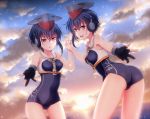  2girls ass ass_visible_through_thighs asymmetrical_hair black_hair blue_swimsuit breasts brown_eyes clouds cloudy_sky collarbone covered_navel crop_top dusk eyebrows_visible_through_hair framed_breasts gloves hair_between_eyes hands_together hat headphones highres i-13_(kantai_collection) i-14_(kantai_collection) kantai_collection looking_at_viewer multiple_girls nuka_(nvkka) ocean outdoors partly_fingerless_gloves sailor_collar scenery school_swimsuit shirt short_hair siblings single_glove sisters sky small_breasts smile standing star star_(sky) starry_sky sun sunlight swimsuit swimsuit_under_clothes tsurime water white_sailor_collar 
