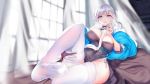  1girl alternate_costume azur_lane belfast_(azur_lane) belfast_(iridescent_rose)_(azur_lane) blue_eyes blush braid breasts chain chengcheng2b china_dress chinese_clothes collar dress earrings eyebrows_visible_through_hair feet foot_up highres holding_leg jewelry large_breasts long_hair looking_at_viewer panties see-through side-tie_panties silver_hair skindentation smile solo string_panties thigh-highs underwear white_legwear 