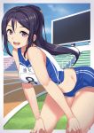  1girl :d bent_over black_hair blue_shorts blue_sky clouds collarbone commentary_request cowboy_shot crop_top day floating_hair gym_shorts hands_on_own_knees highres long_hair looking_at_viewer love_live! love_live!_sunshine!! matsuura_kanan midriff number open_mouth ponytail short_shorts shorts sky sleeveless smile solo standing stomach sweat track track_uniform uniform violet_eyes yamaori_(yamaorimon) 