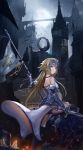  1girl absurdres armor armored_boots armored_dress banner black_legwear black_panties blonde_hair boots detached_sleeves fate/apocrypha fate_(series) floating_hair from_behind full_moon fur-trimmed_legwear fur-trimmed_sleeves fur_trim gauntlets highres holding holding_sword holding_weapon jeanne_d&#039;arc_(fate) jeanne_d&#039;arc_(fate)_(all) long_hair long_sleeves looking_at_viewer moon night outdoors panties shi_qi_kuang_beng shoulder_blades solo standing sword thigh-highs underwear very_long_hair violet_eyes weapon 