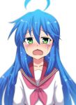 1girl ahoge blue_hair blush crying crying_with_eyes_open eyebrows_visible_through_hair green_eyes highres hinghoi izumi_konata kyoto_animation long_hair looking_at_viewer lucky_star mole mole_under_eye open_mouth ribbon school_uniform shiny shiny_hair simple_background tears uniform white_background 