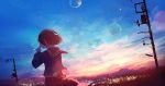  1girl bubble_blowing bubble_pipe cityscape clouds from_behind highres lens_flare long_sleeves mifuru original outdoors power_lines scenery school_uniform serafuku shirt short_hair skirt sky soap_bubbles solo twilight 