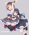  2girls :d ;d ankle_strap arms_up ascot bangs black_footwear black_legwear black_ribbon black_skirt blue_eyes blue_hair center_frills detached_sleeves fake_horns frilled_hairband frilled_skirt frills garters grey_background grey_hair grey_skirt hairband high-waist_skirt horn_band_legwear horns hug hug_from_behind jewelry jumping kneehighs long_hair looking_at_viewer love_live! love_live!_sunshine!! multiple_girls neck_ribbon one_eye_closed open_mouth outline petticoat purple_neckwear red_footwear red_neckwear red_ribbon ribbon ring round_teeth sakurai_makoto_(custom_size) shirt shoes short_hair simple_background skirt sleeveless sleeveless_shirt smile teeth thigh-highs tsushima_yoshiko twitter_username upper_teeth v-shaped_eyebrows violet_eyes watanabe_you white_outline white_shirt wrist_ribbon 