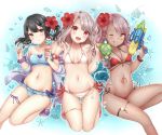  3girls absurdres alternate_costume bikini black_hair blue_bikini breasts chloe_von_einzbern dark_skin dual_wielding fate/grand_order fate/kaleid_liner_prisma_illya fate_(series) flower food frilled_bikini frills hair_flower hair_ornament highres holding holding_food holding_spoon holding_water_gun ice_cream ice_cream_cone illyasviel_von_einzbern long_hair mikujin_(mikuzin24) miyu_edelfelt multiple_girls navel one_eye_closed one_side_up open_mouth pink_hair red_bikini red_eyes red_flower sandals small_breasts smile spoon stomach_tattoo strapless strapless_bikini swimsuit tattoo thigh_strap tongue tongue_out twintails water_gun white_bikini white_hair yellow_eyes 