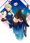  1girl absurdres ahoge alternate_costume arthur_pendragon_(fate) artoria_pendragon_(all) bangs black_footwear black_gloves black_legwear black_shorts blonde_hair blue_bow blue_dress bow braided_bun breasts character_doll character_request cherry_blossoms cleavage_cutout closed_mouth dress elbow_gloves eyebrows_visible_through_hair fate/grand_order fate_(series) full_body gloves green_eyes hair_between_eyes hair_bow high_heels highres kotatsu_kaya mash_kyrielight medium_breasts merlin_(fate) mordred_(fate) mordred_(fate)_(all) print_shorts pumps saber shiny shiny_hair short_hair short_shorts shorts shorts_under_dress sidelocks sleeveless sleeveless_dress smile solo thigh-highs white_background zettai_ryouiki 