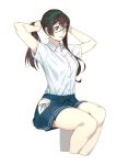  1girl adjusting_hair alternate_hairstyle arms_behind_head arms_up bangs black_hair blush breasts closed_mouth commentary_request eyebrows_visible_through_hair glasses green_eyes hair_between_eyes hair_tie hair_tie_in_mouth hairband highres hip_vent holding kantai_collection long_hair mouth_hold ooyodo_(kantai_collection) panties pleated_skirt semi-rimless_eyewear shirt short_sleeves side-tie_panties simple_background sitting skirt small_breasts solo tying_hair under-rim_eyewear underwear white_background white_shirt yuuji_(and) 