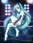  1girl barefoot black_skirt black_sleeves blue_eyes blue_hair blurry blurry_background closed_mouth collared_shirt detached_sleeves eyebrows_visible_through_hair floating_hair from_side full_body hair_between_eyes hatsune_miku highres invisible_chair long_hair long_sleeves looking_at_viewer miniskirt nkboys2012 see-through shiny shiny_hair shirt sitting skirt sleeveless sleeveless_shirt smile solo spotlight tattoo twitter_username very_long_hair vocaloid white_shirt wing_collar 