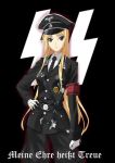  1girl armband aura belt belt_buckle bird black_coat black_pants blonde_hair blue_eyes breast_pocket breasts buckle buttons clenched_hands cowboy_shot dagger eagle epaulettes eyebrows_visible_through_hair flag_background german_clothes german_text gloves hand_on_hip hat iron_cross long_hair looking_at_viewer medal medium_breasts military military_hat military_uniform nazi necktie pants peaked_cap pocket runes shirt skull_and_crossbones ss_flag ss_insignia straight_hair uniform weapon white_gloves white_shirt 