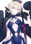  1girl artoria_pendragon_(all) artoria_pendragon_(swimsuit_rider_alter) bangs bare_shoulders black_bow black_gloves black_jacket blonde_hair blue_dress blush bow braid breasts brown_eyes center_opening closed_mouth dark_excalibur dress eyebrows_visible_through_hair fate/grand_order fate_(series) french_braid gloves hair_between_eyes hair_bow hair_bun hand_up hayashi_kewi holding holding_sword holding_weapon jacket jacket_on_shoulders light_smile long_hair looking_at_viewer medium_breasts navel navel_cutout open_clothes open_jacket pale_skin sidelocks simple_background sleeveless sleeveless_dress small_breasts smile solo sword tiara weapon white_background yellow_eyes 