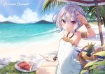  1girl absurdres armlet armpits artist_name banana basket beach beach_chair blue_sky blush bread breasts clouds copyright_name flower food fruit hair_between_eyes hair_flower hair_ornament highres kokkoro_(princess_connect!) looking_at_viewer mountain one-piece_swimsuit open_mouth outdoors palm_tree pineapple plate princess_connect! princess_connect!_re:dive purple_hair short_hair sigma_2018 sitting sky small_breasts solo swimsuit tree violet_eyes watermelon 