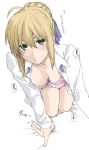  1girl all_fours artoria_pendragon_(all) blonde_hair blush bra braid breasts elf_(stroll_in_the_woods) fate_(series) french_braid green_eyes hair_between_eyes highres medium_breasts open_clothes panties pink_bra pink_panties saber smile solo thigh_gap translated underwear white_background 