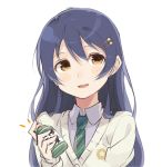  1girl bangs blue_hair blush bottle commentary_request hair_between_eyes hair_ornament holding holding_bottle long_hair looking_at_viewer love_live! love_live!_school_idol_festival love_live!_school_idol_project necktie open_mouth simple_background smile solo sonoda_umi totoki86 upper_body vest white_background yellow_eyes 