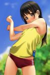  1girl absurdres arm_across_chest bangs bare_arms bare_shoulders black_hair blue_sky blurry blurry_background breasts brown_eyes buruma clouds covered_mouth cowboy_shot day depth_of_field eyebrows_visible_through_hair highres long_hair looking_at_viewer matsunaga_kouyou original outdoors red_buruma shirt sky sleeveless sleeveless_shirt small_breasts solo standing stretch yellow_shirt 