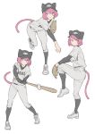  1girl animal_ears animal_hat baseball baseball_bat baseball_cap baseball_mitt baseball_uniform cat_ears cat_hat commentary_request hat holding_baseball_bat mogumo multiple_views original pink_eyes pink_hair pitching short_hair simple_background sportswear standing tail throwing white_background 