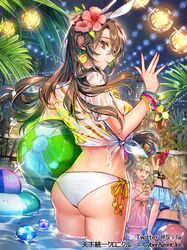  3girls ass ball bangle beachball bikini blonde_hair bracelet braid brown_hair earrings flower hair_flower hair_ornament indoors interitio jewelry long_hair multiple_girls official_art pool see-through smile standing swimsuit tenka_touitsu_chronicle wading water wet white_bikini_bottom 