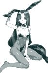  1girl absurdly_long_hair animal_ears bare_shoulders bow bowtie breasts bunny_girl bunnysuit detached_collar fate/grand_order fate_(series) full_body hair_down highleg highleg_leotard highres leotard long_hair looking_at_viewer monochrome no_shoes pantyhose rabbit_ears rokkotsu screentones simple_background small_breasts solo strapless strapless_leotard toes ushiwakamaru_(fate/grand_order) very_long_hair 