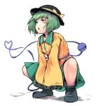  1girl full_body ginnkei green_eyes green_hair green_skirt hat heart heart_of_string highres komeiji_koishi long_sleeves looking_ahead open_mouth shirt simple_background skirt sleeves_past_fingers sleeves_past_wrists solo squatting third_eye touhou v_arms white_background wide_sleeves yellow_shirt 
