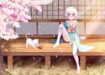  1girl absurdres bare_shoulders blush bow breasts cat cherry_blossoms commentary_request dahe_zhuang_(yishi_fanhua) eyebrows_visible_through_hair full_body hair_ornament highres japanese_clothes kimono looking_at_viewer no_shoes original outdoors pink_bow short_hair sitting small_breasts solo thigh-highs white_hair white_legwear 