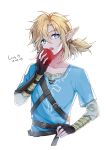 1boy apple bangs belt black_gloves blonde_hair blue_eyes blue_shirt commentary dated fingerless_gloves food fruit gloves hair_over_one_eye kageis link pointy_ears ponytail shirt simple_background the_legend_of_zelda the_legend_of_zelda:_breath_of_the_wild tongue tongue_out upper_body white_background