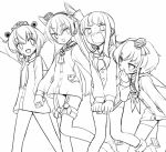  4girls adapted_costume amatsukaze_(kantai_collection) commentary_request dress dress_pull embarrassed feet_out_of_frame garter_straps hair_tubes hat hatsukaze_(kantai_collection) headgear headset holding_hands kantai_collection lineart long_hair mini_hat monaka_ooji monochrome multiple_girls neckerchief open_mouth rudder_footwear sailor_collar sailor_dress sailor_shirt shirt short_dress short_hair simple_background speaking_tube_headset thigh-highs tokitsukaze_(kantai_collection) two_side_up wavy_mouth yukikaze_(kantai_collection) 