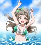  1girl :d arms_up bangs bikini bow breasts brown_hair collarbone dated day frilled_bikini frills front-tie_bikini front-tie_top green_bikini green_bow grey_hair hair_bow highres long_hair looking_at_viewer love_live! love_live!_school_idol_project medium_breasts minami_kotori one_side_up open_mouth outdoors side-tie_bikini signature smile solo swimsuit takeya_yuuki wading water_drop yellow_eyes 