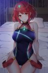  1girl bangs bed black_swimsuit breasts competition_swimsuit covered_navel earrings gem headpiece highres pyra_(xenoblade) jewelry large_breasts looking_at_viewer noeomi one-piece_swimsuit red_eyes redhead short_hair solo swept_bangs swimsuit tiara xenoblade_(series) xenoblade_2 