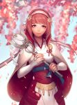  1girl closed_mouth fire_emblem fire_emblem_fates hair_ornament hairband highres holding holding_staff japanese_clothes petals pink_eyes pink_hair sakura_(fire_emblem) short_hair sinnygoto smile solo staff upper_body 