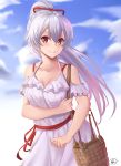  1girl absurdres bag bare_shoulders blurry blurry_background blush breasts clouds collarbone commentary_request dress fate/grand_order fate_(series) hair_between_eyes hair_ribbon highres long_hair looking_at_viewer o-ring outdoors ponytail red_eyes red_ribbon ribbon silver_hair smile solo tomoe_gozen_(fate/grand_order) vdrn1dd2gxldt3g white_dress 