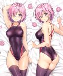  1girl alternate_costume arm_behind_head ass ass_visible_through_thighs bangs bare_shoulders bed_sheet black_legwear blush breasts closed_mouth collarbone commentary_request competition_swimsuit covered_navel covered_nipples cowboy_shot dakimakura eyebrows_visible_through_hair fate_(series) flower from_above groin hair_over_one_eye highleg highleg_swimsuit highres kotatsu_(kotatsu358) large_breasts lavender_hair looking_at_viewer lotus lying mash_kyrielight multiple_views on_back on_stomach one-piece_swimsuit petals short_hair skindentation swimsuit thigh-highs thigh_gap violet_eyes wet 