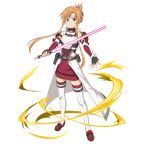  1girl asuna_(sao) beam_saber black_gloves brown_eyes brown_hair closed_mouth dress fingerless_gloves floating_hair folded_ponytail full_body gloves highres holding holding_sword holding_weapon looking_at_viewer official_art red_vest ribbed_sweater shiny shiny_hair sidelocks smile solo standing sweater sweater_dress sword sword_art_online thigh-highs tied_hair transparent_background vest weapon white_legwear zettai_ryouiki 