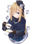  1girl ;) bangs beret black_headwear black_ribbon blonde_hair blue_dress blue_eyes blunt_bangs blush closed_mouth commentary_request cropped_torso cup dress eyebrows_visible_through_hair fate_(series) flower fur_collar glint hat highres holding holding_cup holding_saucer long_hair lord_el-melloi_ii_case_files one_eye_closed reines_el-melloi_archisorte ribbon rose simple_background smile solo tapioka_(oekakitapioka) tea teacup tilted_headwear very_long_hair white_background white_flower white_rose 