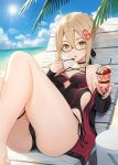  1girl ahoge artoria_pendragon_(all) ass bangs bare_shoulders beach_chair black-framed_eyewear black_choker black_jacket black_swimsuit blue_sky breasts brown_eyes brown_hair choker clouds commentary_request day fate/grand_order fate_(series) flower glasses hair_between_eyes hair_flower hair_ornament holding holding_spoon horizon jacket knees_up light_rays looking_at_viewer mysterious_heroine_x_(alter) ocean off_shoulder one-piece_swimsuit open_clothes open_jacket outdoors parfait parted_lips reclining semi-rimless_eyewear short_hair sidelocks sky small_breasts solo spoon sun sunlight swimsuit thighs tokki under-rim_eyewear 