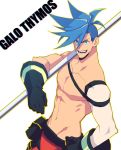  blue_eyes blue_hair character_name chest die galo_thymos gloves hand_on_hip male_focus open_mouth pants polearm promare shirtless smile spiky_hair weapon white_background 