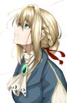  1girl blonde_hair blue_eyes blue_jacket braid brooch closed_mouth hair_between_eyes hair_intakes hair_ribbon hashimoto_(frog_flag) highres jacket jewelry looking_up red_ribbon ribbon violet_evergarden violet_evergarden_(character) white_neckwear 