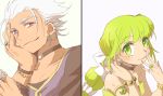  1boy 1girl bare_shoulders bow choker closed_mouth commentary_request earrings green_eyes green_hair hair_ribbon jewelry long_hair multi-tied_hair oknmt ponytail ribbon ring roberto saga saga_frontier_2 simple_background smile violet_eyes virginia_knights white_background 