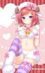  1girl :o \||/ animal_costume animal_ears bell blush boots bow commentary_request finger_to_mouth fingerless_gloves fur fur_boots fur_hat gloves hat hat_bow heart highres horns looking_at_viewer love_live! love_live!_school_idol_project midriff navel nishikino_maki redhead sakurai_makoto_(custom_size) sheep_costume sheep_ears sheep_horns short_hair sitting solo striped striped_legwear textless thigh-highs twitter_username violet_eyes 