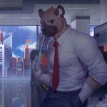  1boy aggressive_retsuko artist_name black_pants blue_sky book brown_eyes building ceiling clouds day furry haida hand_in_pocket holding holding_book hyena looking_at_viewer male_focus necktie office pants raccoon21 reflection scenery shirt sky skyscraper smile solo standing white_shirt window 