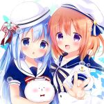  2girls :d anchor_symbol angora_rabbit animal bangs beret blue_bow blue_dress blue_eyes blue_flower blue_hair blue_sailor_collar blush bow bowtie brown_hair bug butterfly commentary_request dress eyebrows_visible_through_hair flower gochuumon_wa_usagi_desu_ka? hair_between_eyes hair_bow hat hoto_cocoa insect kafuu_chino long_hair multiple_girls open_mouth outstretched_arm parted_lips puffy_short_sleeves puffy_sleeves rabbit red_bow red_neckwear rikatan sailor_collar sailor_hat short_sleeves smile striped striped_bow tippy_(gochiusa) v violet_eyes white_dress white_headwear white_sailor_collar 