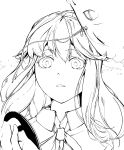  1girl expressionless fox_mask hata_no_kokoro highres hiyuu_(flying_bear) long_hair looking_at_viewer mask monochrome noh_mask parted_lips simple_background solo touhou white_background 