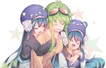  &gt;_&lt; 3girls ahoge arm_around_shoulder blue_hair bow collarbone commentary dual_persona eel_hat eighth_note facial_tattoo fang fangs goggles goggles_on_head green_eyes green_hair gumi hair_bow highres holding_arm hug jacket long_hair multiple_girls musical_note one_eye_closed orange_shirt otomachi_una shirt short_hair_with_long_locks sidelocks smile star starry_background t-shirt tattoo upper_body vocaloid wanaxtuco 