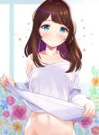  1girl aqua_eyes atori bare_shoulders blush breasts brown_hair closed_mouth collarbone flower long_hair long_sleeves looking_at_viewer navel off_shoulder original pink_flower shirt shirt_lift smile solo stomach upper_body white_shirt yellow_flower 